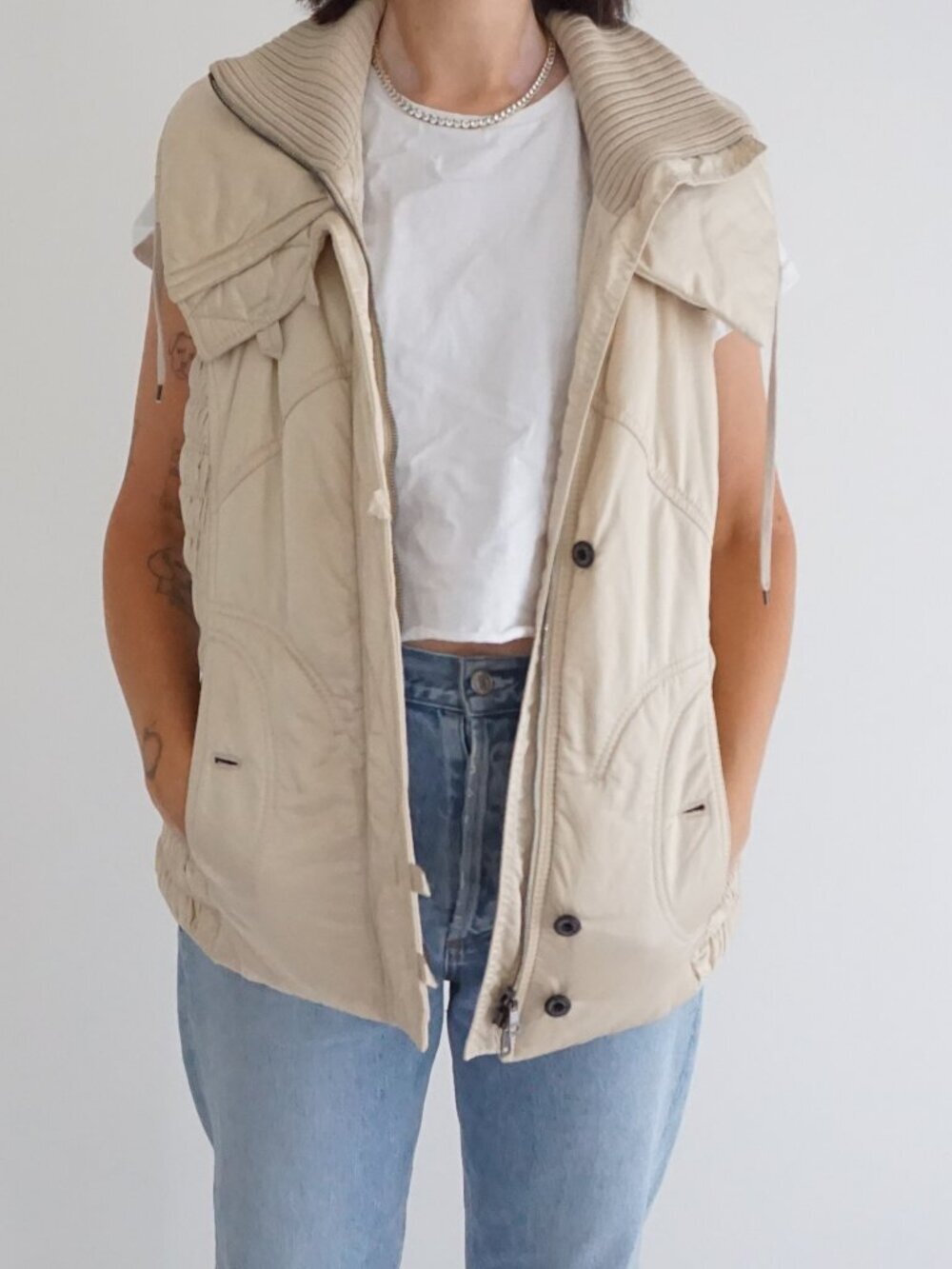 Marc Cain Y2K Beige Rib Knit Collar Utility Zip Vest Drawstring Pocket Vest M